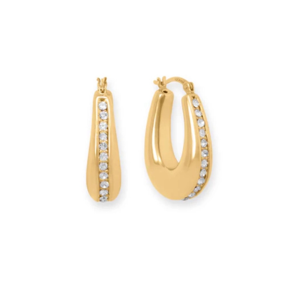 NWT 14 Karat Gold Plated over Sterling Silver Hollow CZ Oblong Hoop Earrings
